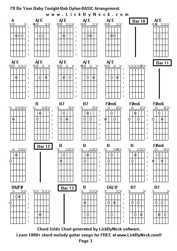 Chord Grids Chart of chord melody fingerstyle guitar song-I'll Be Your Baby Tonight-Bob Dylan-BASIC Arrangement,generated by LickByNeck software.